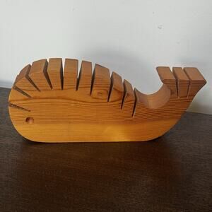 MCM Wooden Whale Letter Napkin Holder Solid Wood Handmade Carved in England VTG
